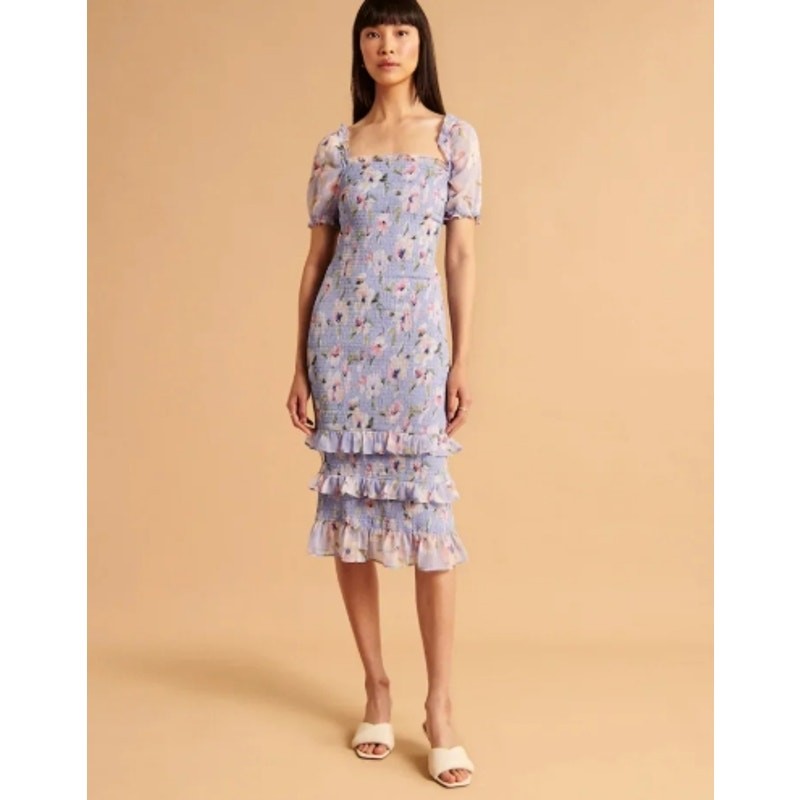 XL Abercrombie & Fitch Ruffle Bodycon Midi Dress Ruched Feminine Floral Coquette