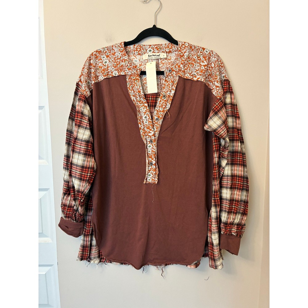 Three Bird Nest Floral Plaid Patchwork Oversized Top in Small