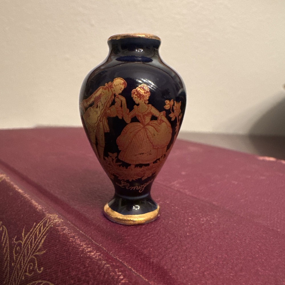 Limoges France Miniature Cobalt Blue And Gold Tapered Vase Courting Scene