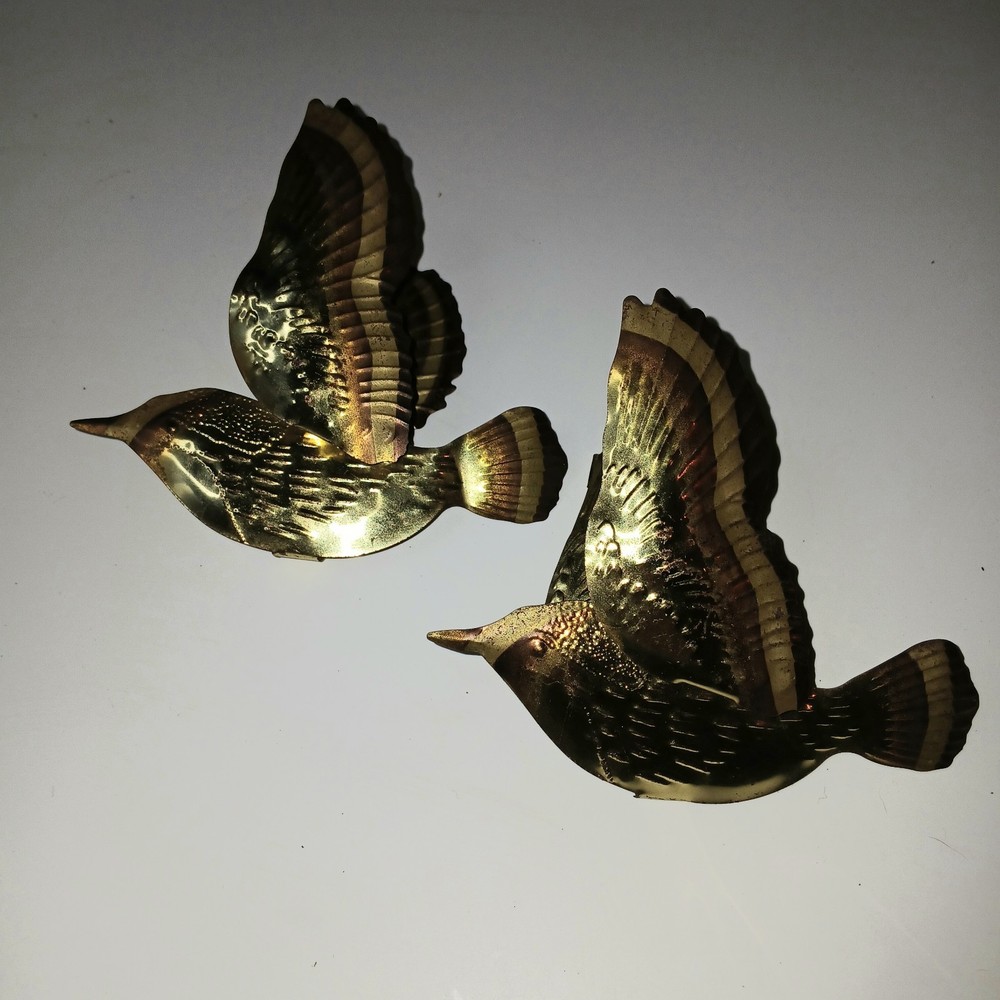 Vtg Brass Flying Birds Sparrows Home Interior Wall Hanging MCM Decor Set of 2