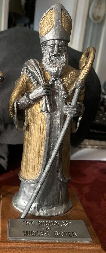 Rare Pewter Bishop Statue St. Nicholas with Staff  Gold & Silver Color Beautiful