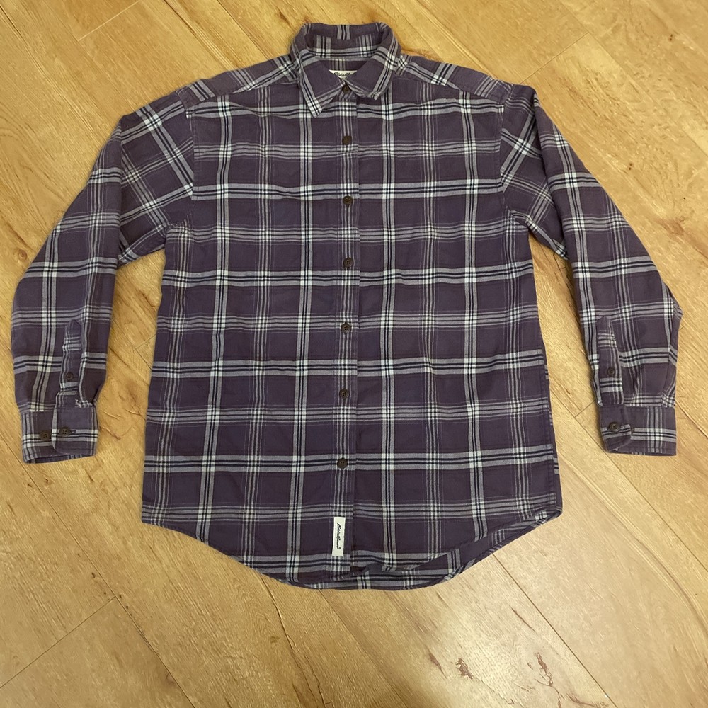 VTG Eddie Bauer Womens XS Purple Grey Flannel Shirt Plaid Long Sleeve Button Up