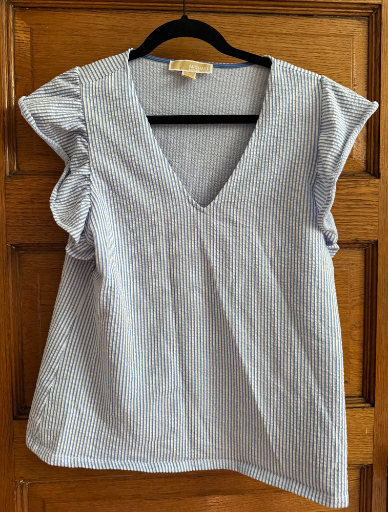 Michael Kors Womens XL Blue White Seersucker Flutter Sleeve V Neck Top