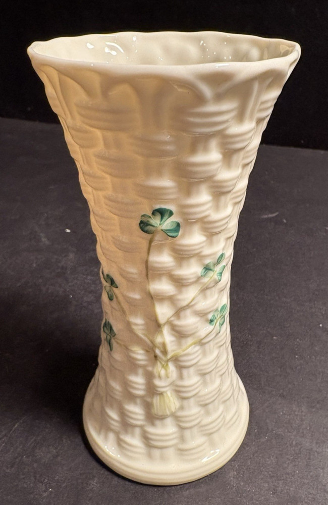 Belleek Ireland Porcelain Basket Weave Shamrock Vase