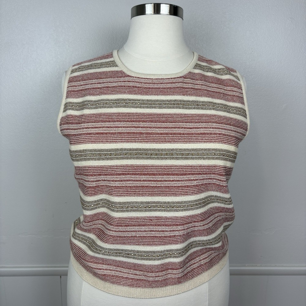 St. John Sport Marie Gray Tank Size XL Vintage Santana Knit Stripe Gold Accent