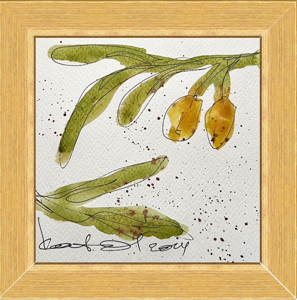 Framed Olive Tree Watercolor Art Original Signed Painting Sketch