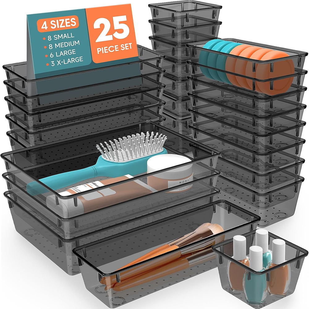 25-Piece Plastic Drawer Organizer Set in 4 Sizes for Versatile Storage