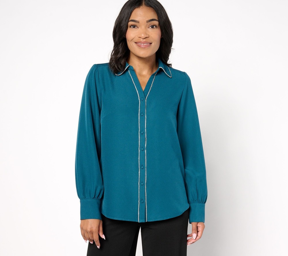 SUNNYLiFE Women's Top Sz L Denim & Co. Signature Button Up Sparkle Blue A669942
