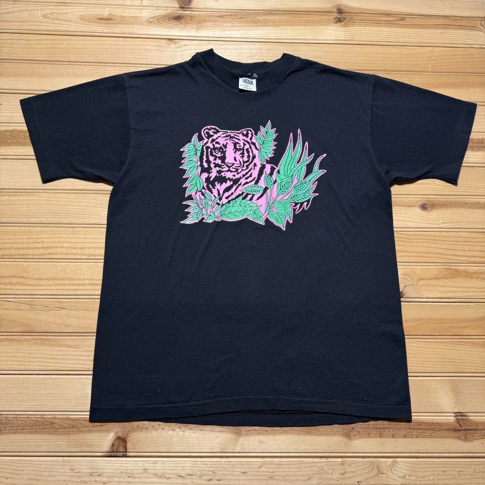Vintage 90s Pink Tiger Pop Art Neon Tropical Jungle Wildlife Shirt USA - Large