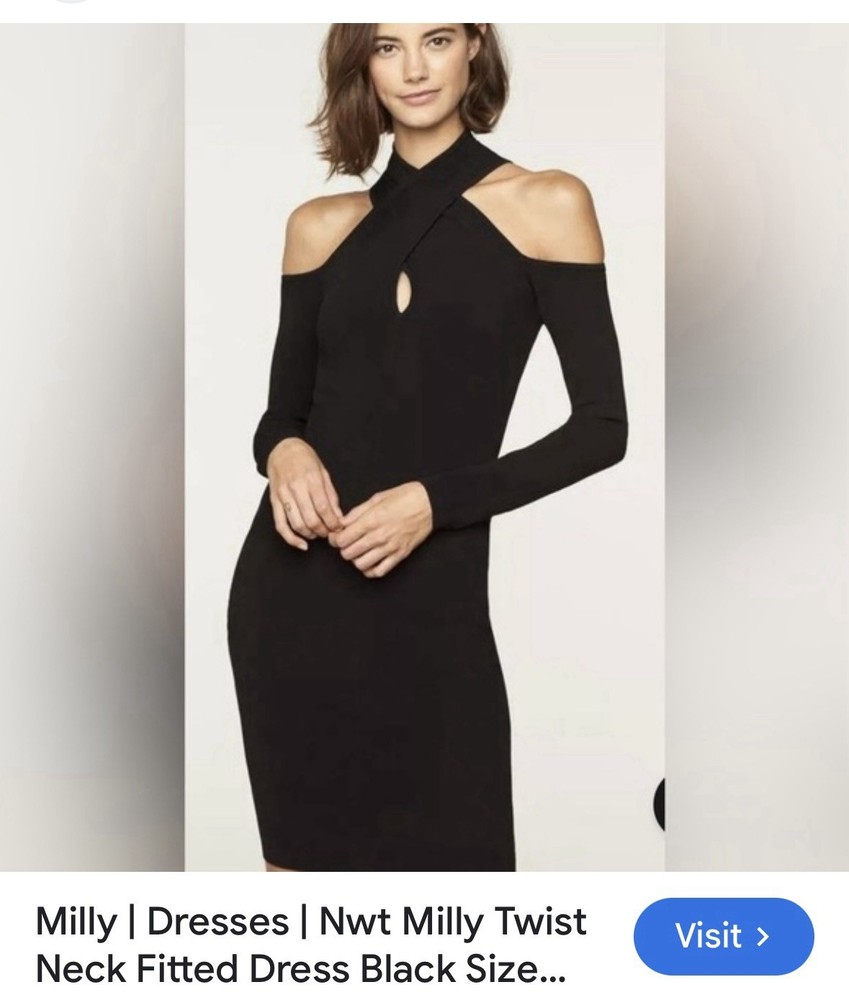 $395 Milly NWT Twisted Neck BodyCon Black Dress Stretch Form Fitting Size Small