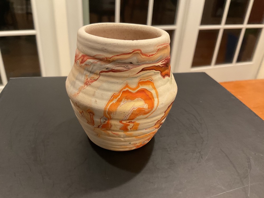 Nemadji Orange Red Yellow Swirl Clay Pottery Vase Vintage 2.75” Tall