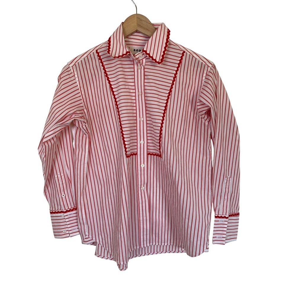 Boden Red White Striped Ric-Rac Trim Button Down Shirt Womens 4P Petite Cotton