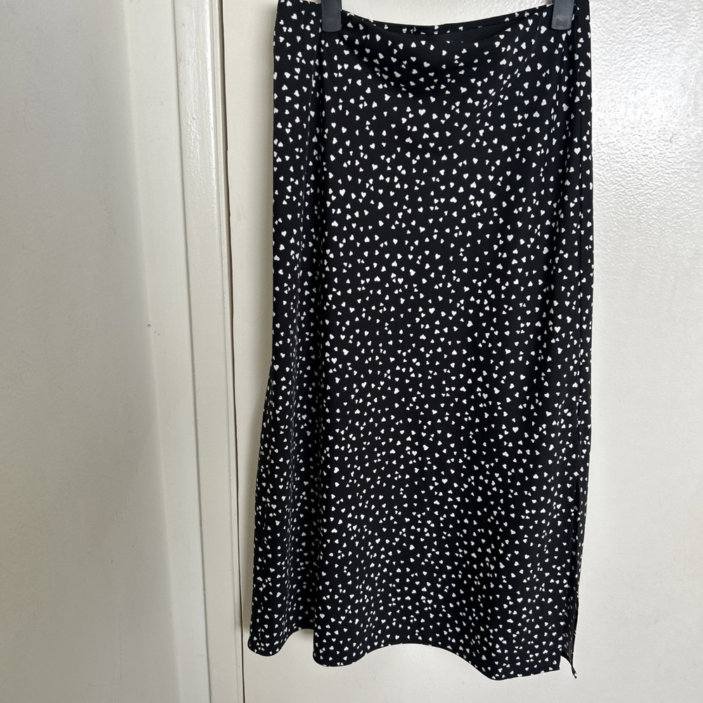 A New Day Womens S Black White Heart Print Midi Skirt Side Slit Elastic Waist