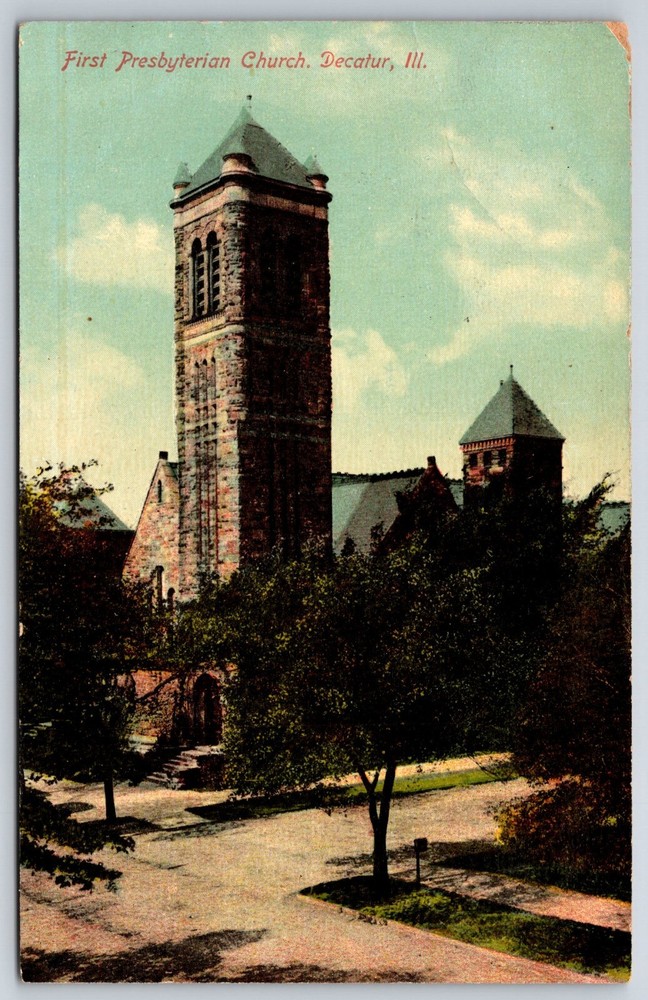 Decatur Illinois~First Presbyterian Church Exterior View~Postmarked~Vtg Postcard