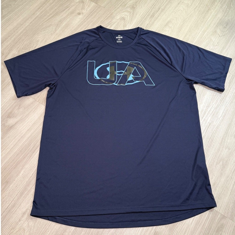 Under Armour Mens 2XL HeatGear Short Sleeve Graphic T-Shirt Navy Blue Loose Fit