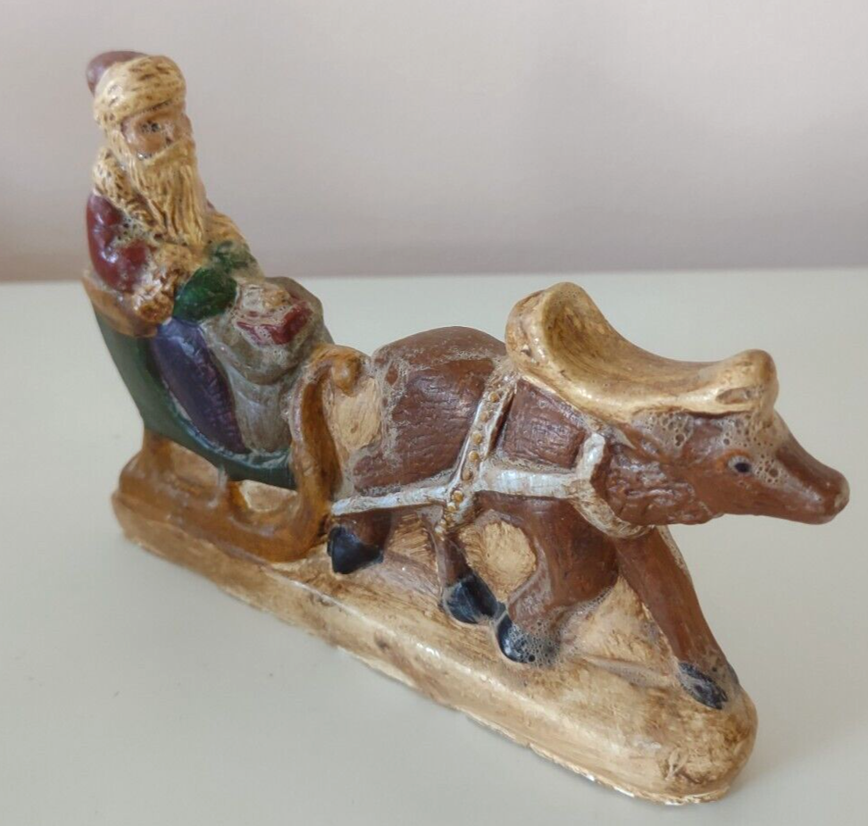 Vtg Vaillancourt Style Chalkware Santa in Sleigh w/Reindeer Christmas Figurine