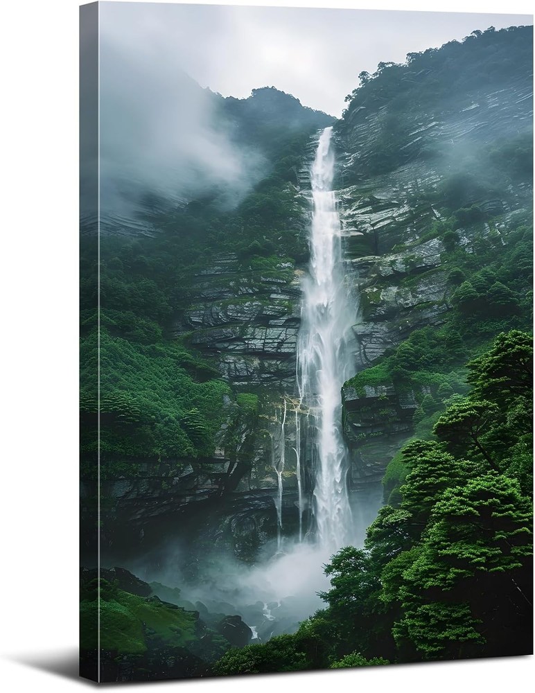 Waterfall Forest Mountain Canvas Wall Art Zen Nature Landscape Room Decor