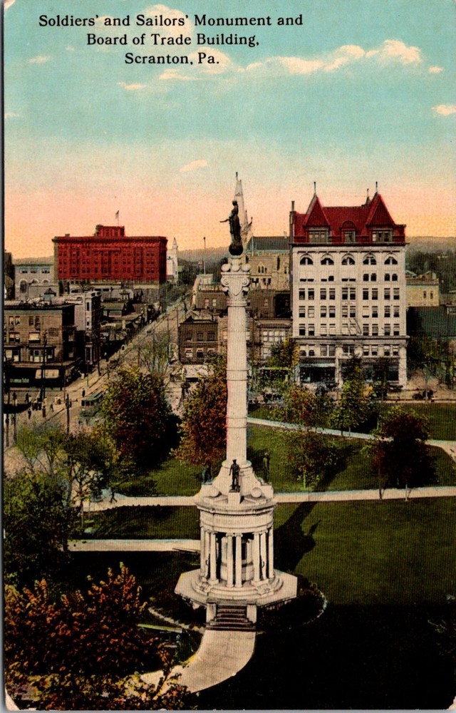 Scranton, Pennsylvania, Soldiers & Sailors Monument & Board of Trade PA Postcard