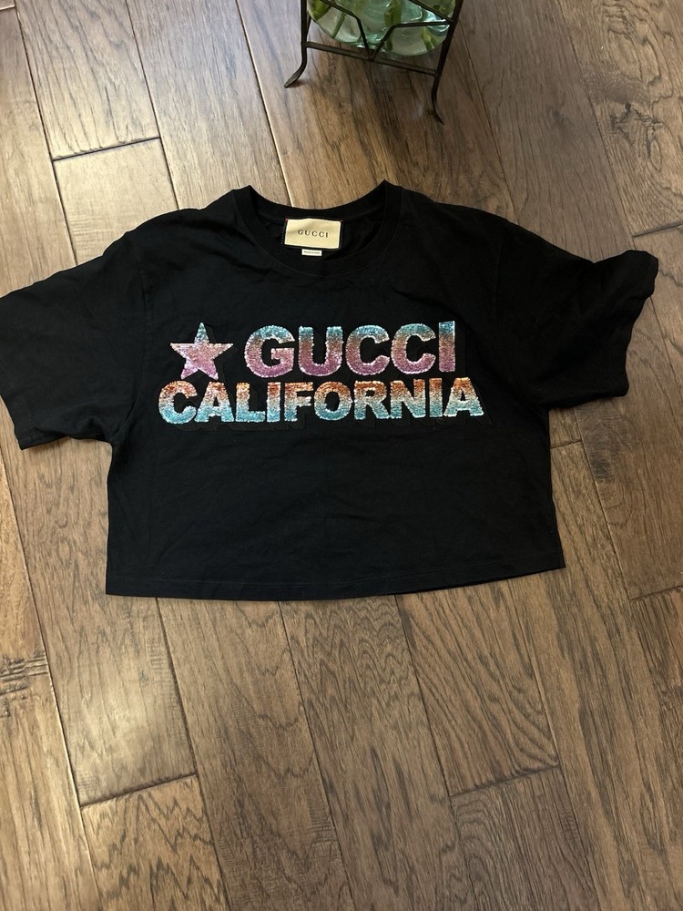 GUCCI California Sequin Logo Crop T-Shirt Black XS Fits S M Oversized