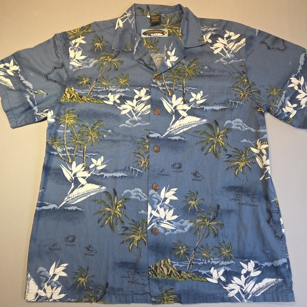 Palmwave Hawaii Shirt Mens Large Blue Tropical Hawaiian Aloha Palm Tree Beach Co