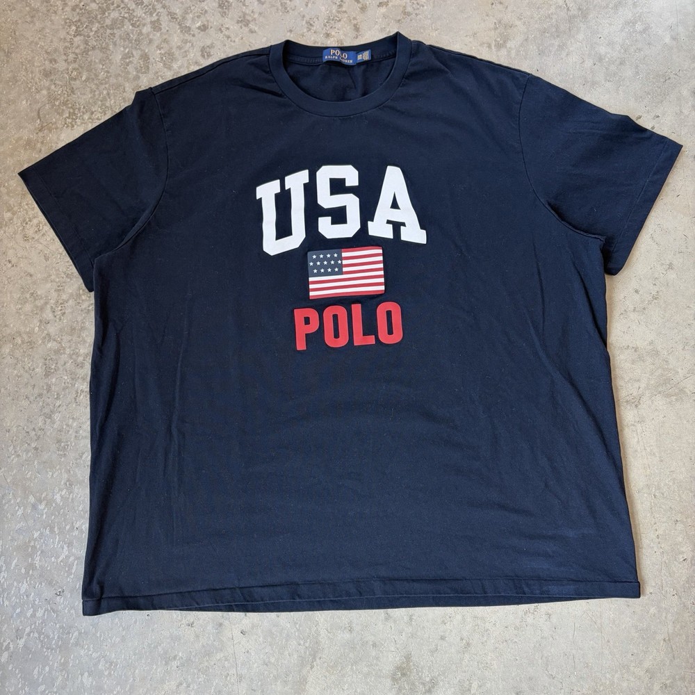 Polo Ralph Lauren American Flag Spellout Logo Graphic T Shirt Blue Men’s 3XB Big