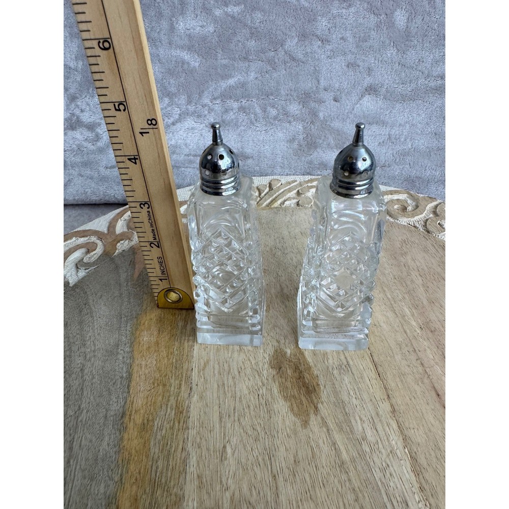 Vintage Crystal Glass Salt and Pepper Shakers Set Diamond Cut Square Clear