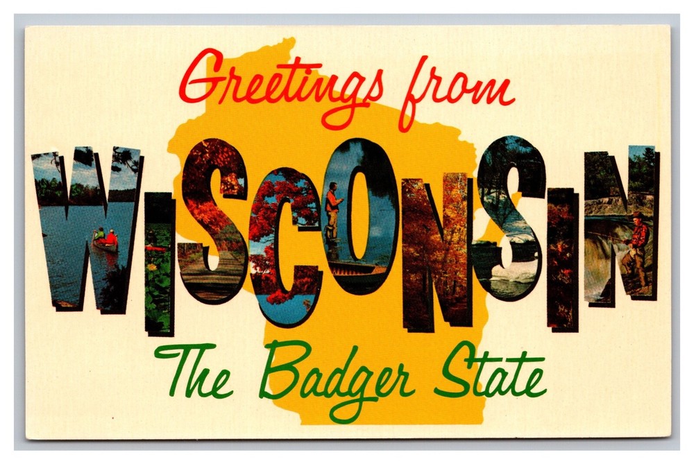 Greetings from Wisconsin The Badger State Map Large Letter Chrome Postcard