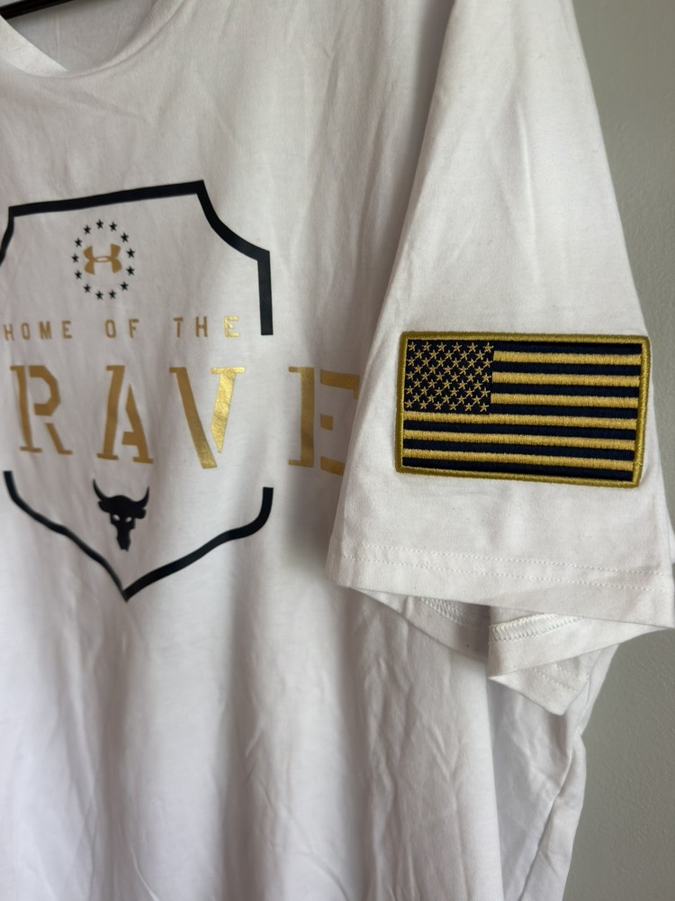 Under Armour Project Rock Men's White Shirt, Home of the Brave, Size XL, w/ flag