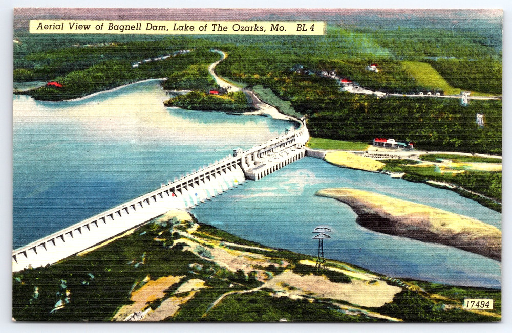 Lake Of The Ozarks Missouri MO Aerial View Of Bagnell Dam Vintage Postcard