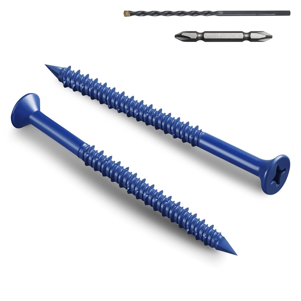 100Pcs 1/4 x 3-1/4 Inch Blue Flat Head Concrete Screws Anchor Kit with Drill Bit