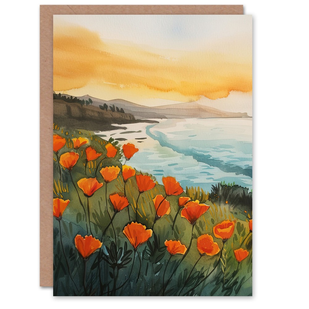 Greeting Card Shoreline California Poppies Floral Watercolour Birthday