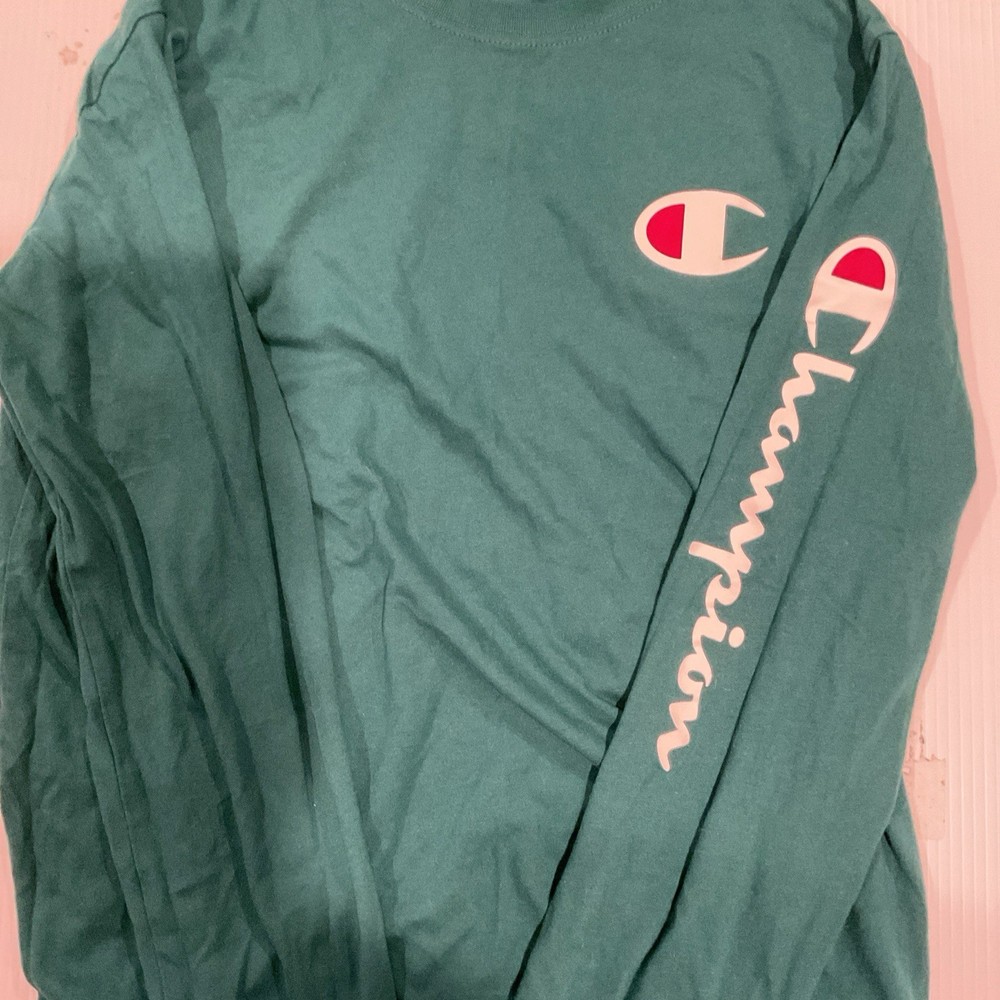 Champion Green Logo Long Sleeve Regular Fit Men's Knit Cotton Crew Neck T-Shirt