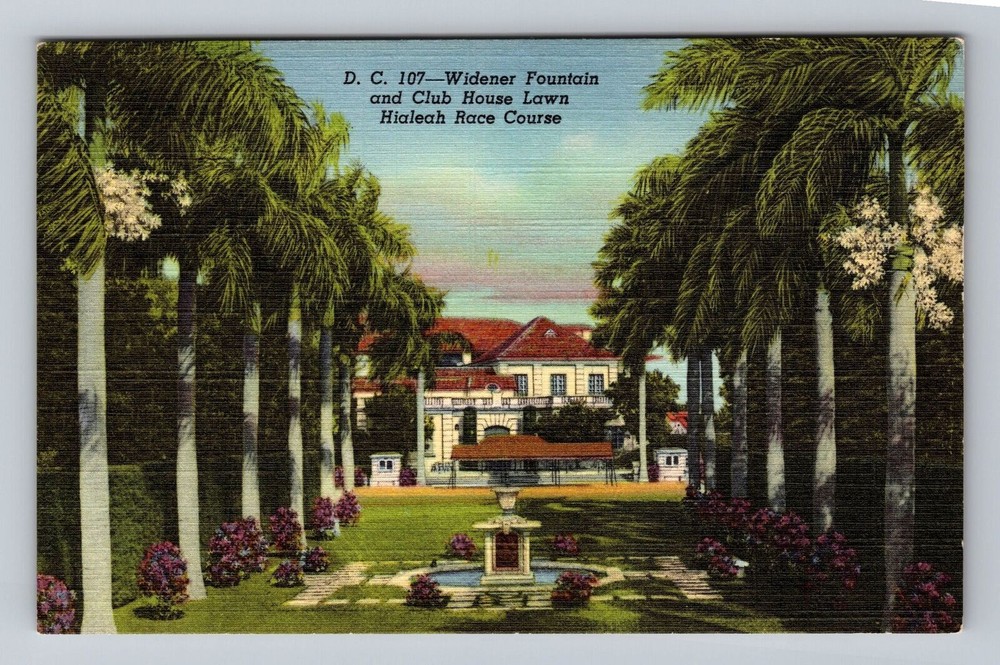 Florida FL Miami Widener Fountain Lawn Hialeah Race Course Vintage Postcard