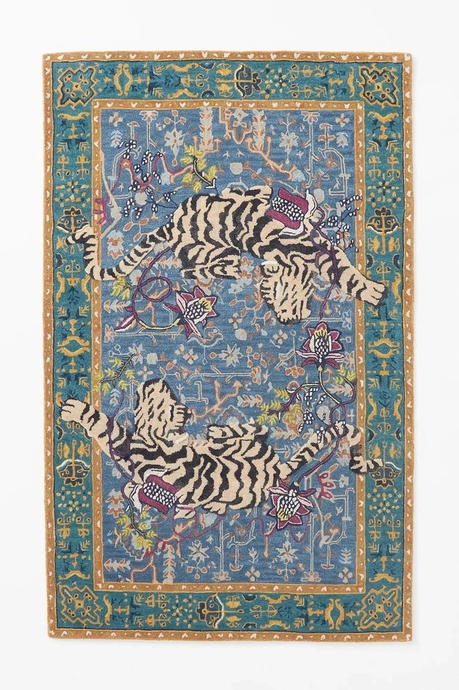 Handmade 100% Wool Tufted Rug Agnes Design Blue Oriental Tiger Pattern Area Rug