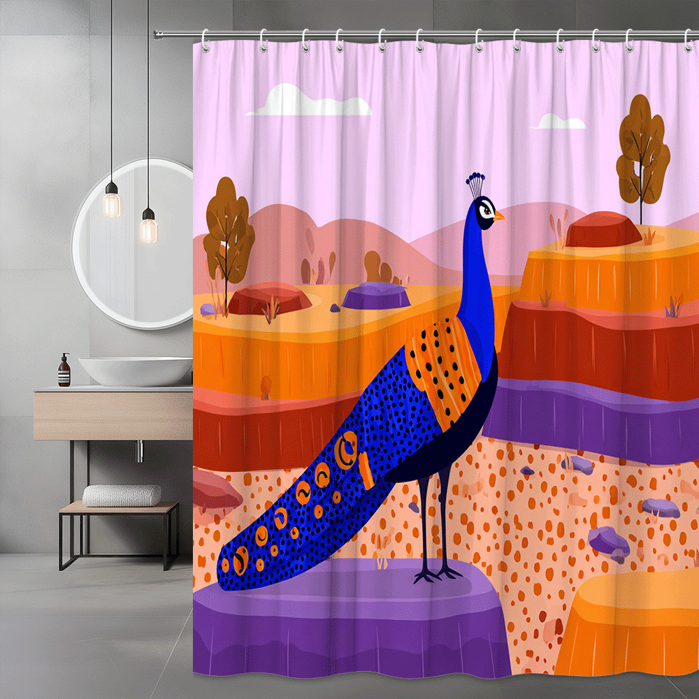 Peacock Desert Landscape Shower Curtain Printed Artwork