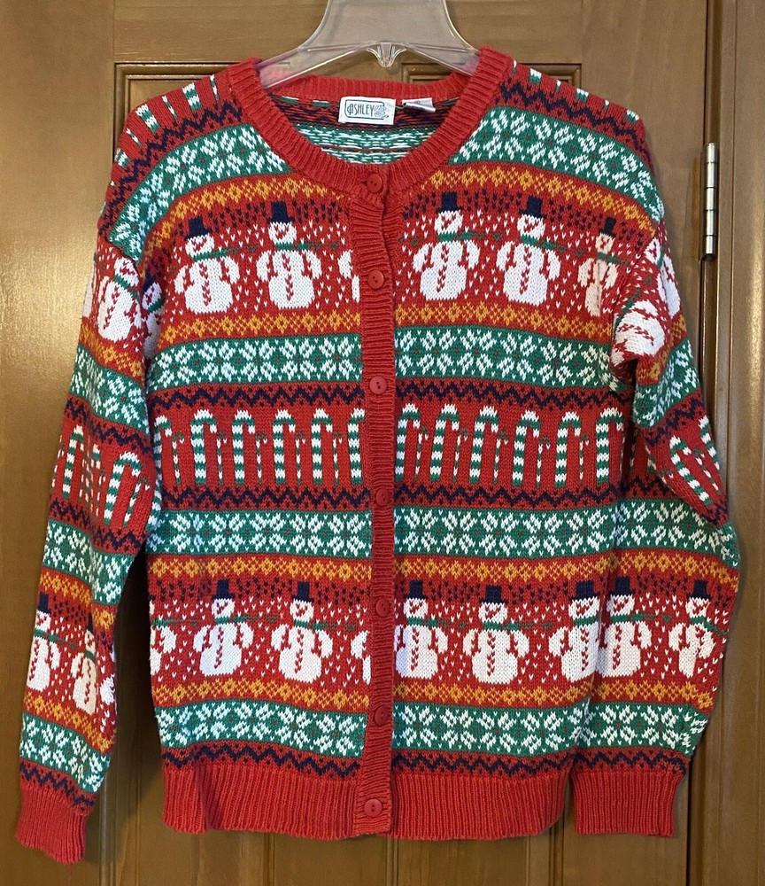 Vintage 90s Ashley Busy Snowman Candy Cane Ugly Christmas Sweater Cardigan M