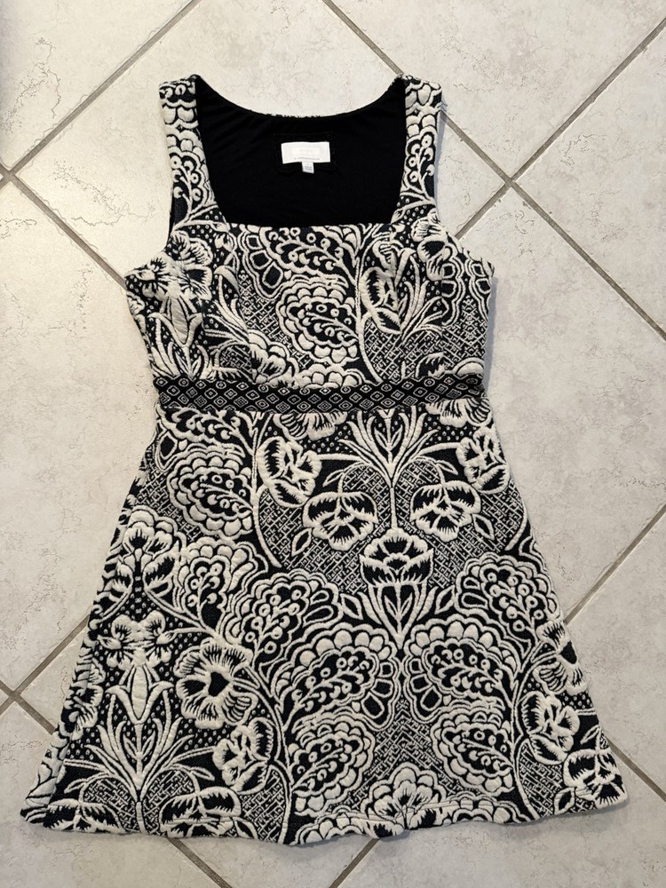 Ettawa Anthropologie Dress Black White Floral Tapestry Sleeveless Size L