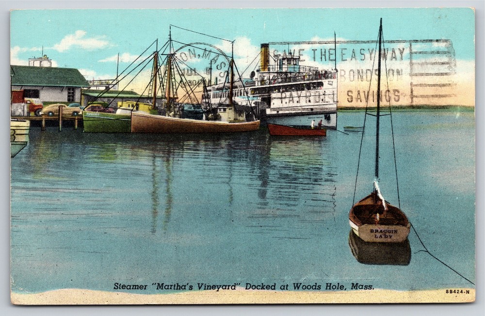 Woods Hole Massachusetts~Steamer Martha's Vineyard Docked~Vintage Postcard