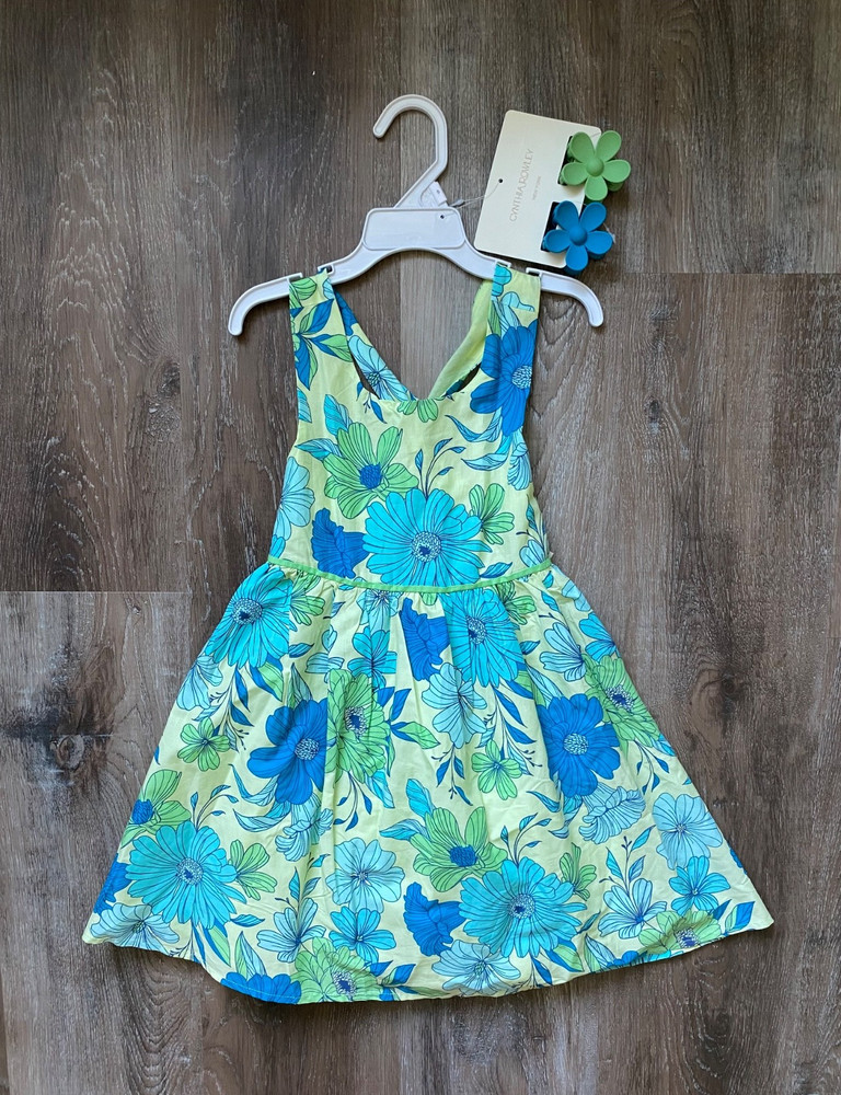 CYNTHIA ROWLEY nwt floral sundress dress~girl's size 5~green~blue~Hair Clips~NEW