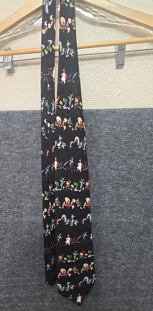 Men's Neck Tie VTG Looney Tunes Mania Bugs Bunny Daffy Duck Sylvester 100% Silk