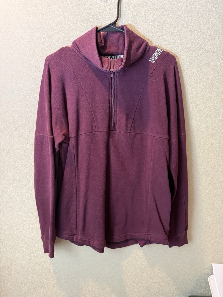 Victoria's Secret Pink Burgundy 1/4 Zip Pullover, Graphic Logo On Back, Size XS