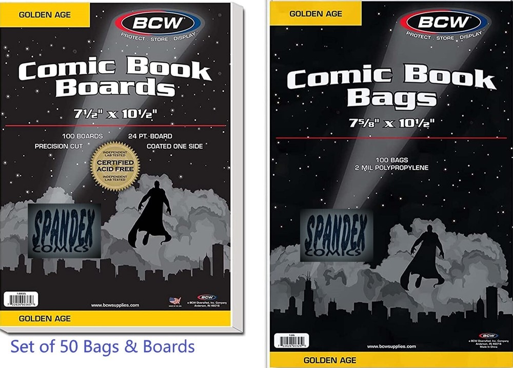 100 BCW Golden Age Acid Free 2-Mil Polypropylene Comic Bags & Backing Boards SET-image