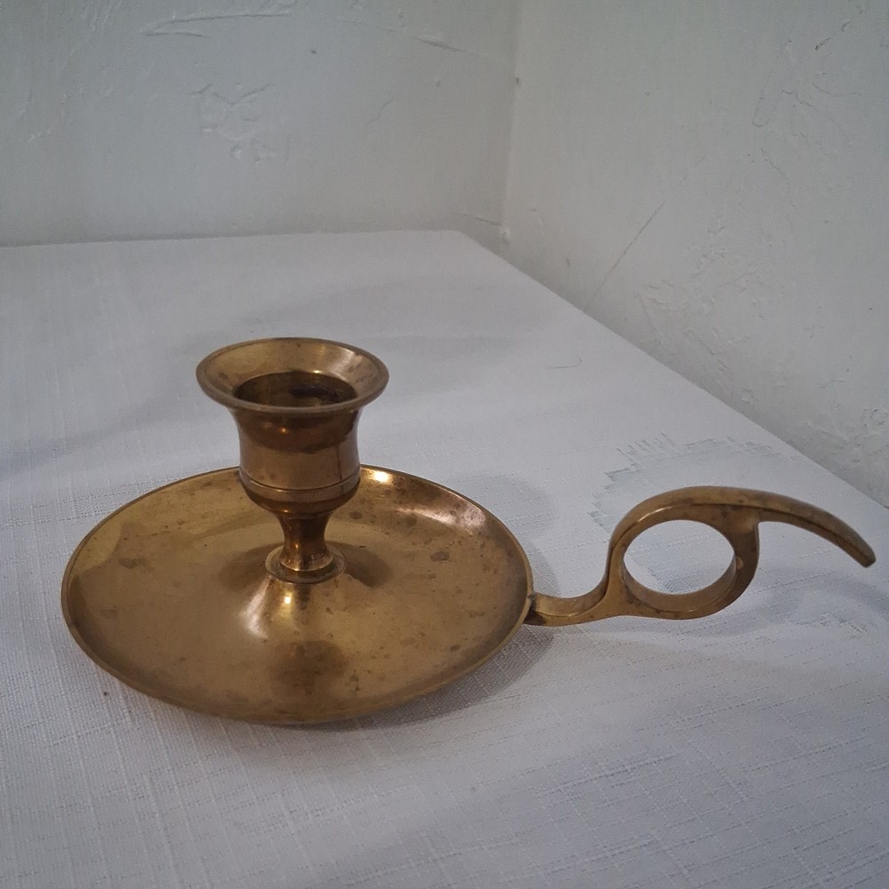 Handcrafted Brass Chamberstick Candle Stick Holder w/ Finger Ring Made In India