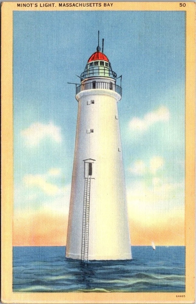 Minot's Light Lighthouse MA Linen Postcard Tichnor Bros. New England