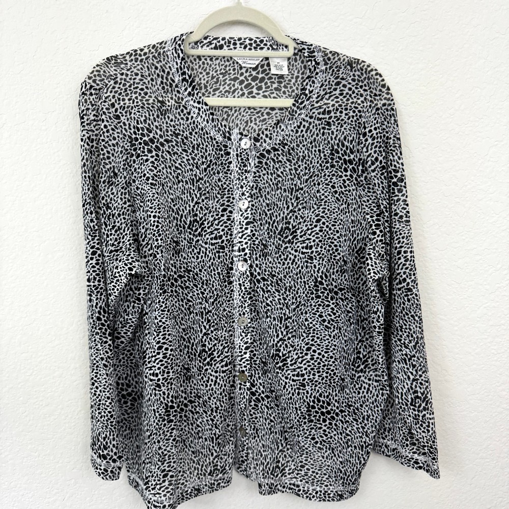 Laura Ashley Womens Button Front Blouse Top Shirt Sz 2X Animal Print Sheer Black