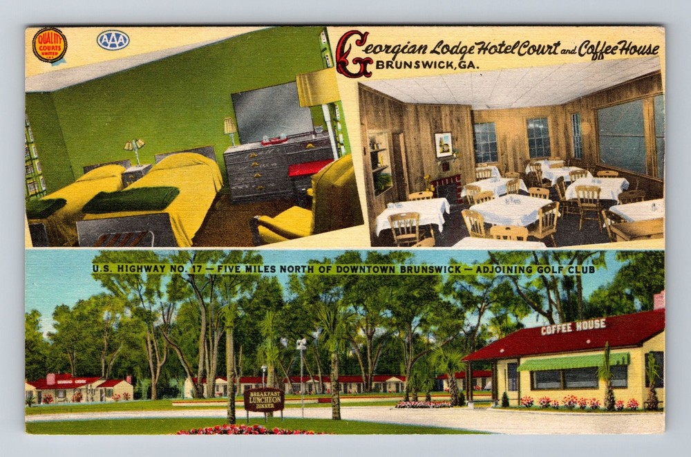 Brunswick, GA-Georgia, Georgian Lodge Hotel Court Coffee House Vintage Postcard