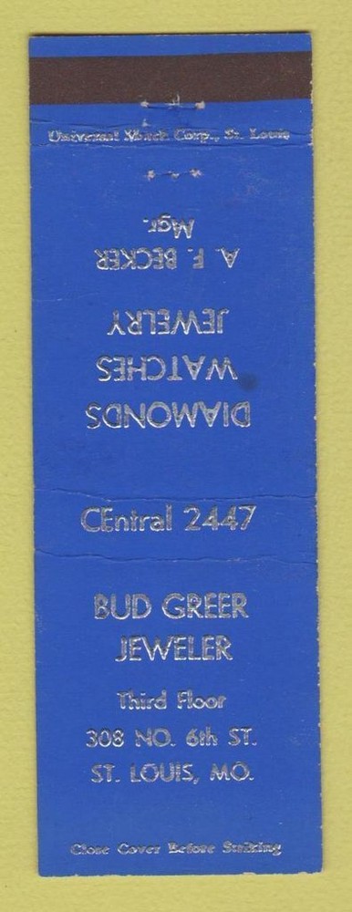 Matchbook Cover - Bud Green Jewelry St Louis MO