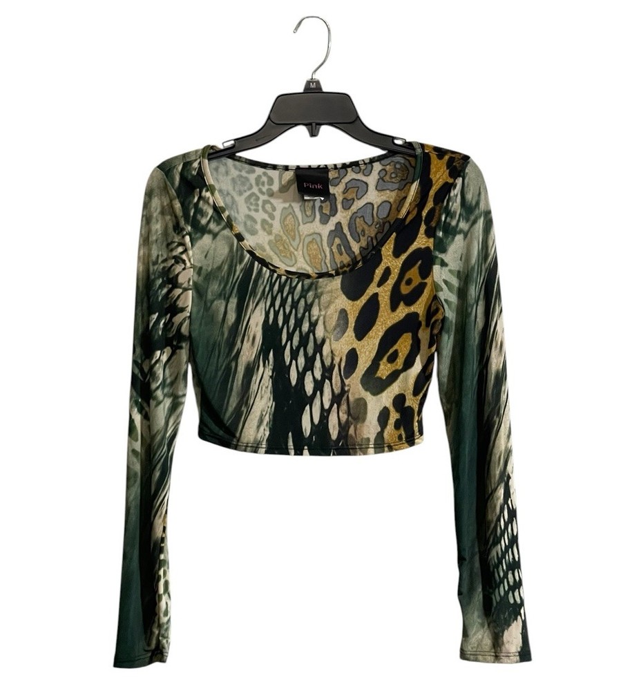 Y2K Vtg Pink Top Medium Multi Patterned Animal Print Crop Top Maximalism