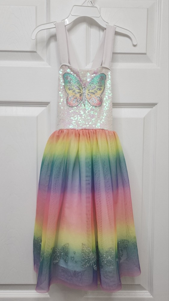 Nanette Lepore Girls Criss Cross Back Dress Size 7 Rainbow Butterflies Sequin