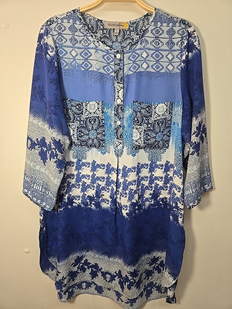 Anthropologie Fig and Flower Women's Tunic Blouse Size L Floral 3/4 Sleeve Boho